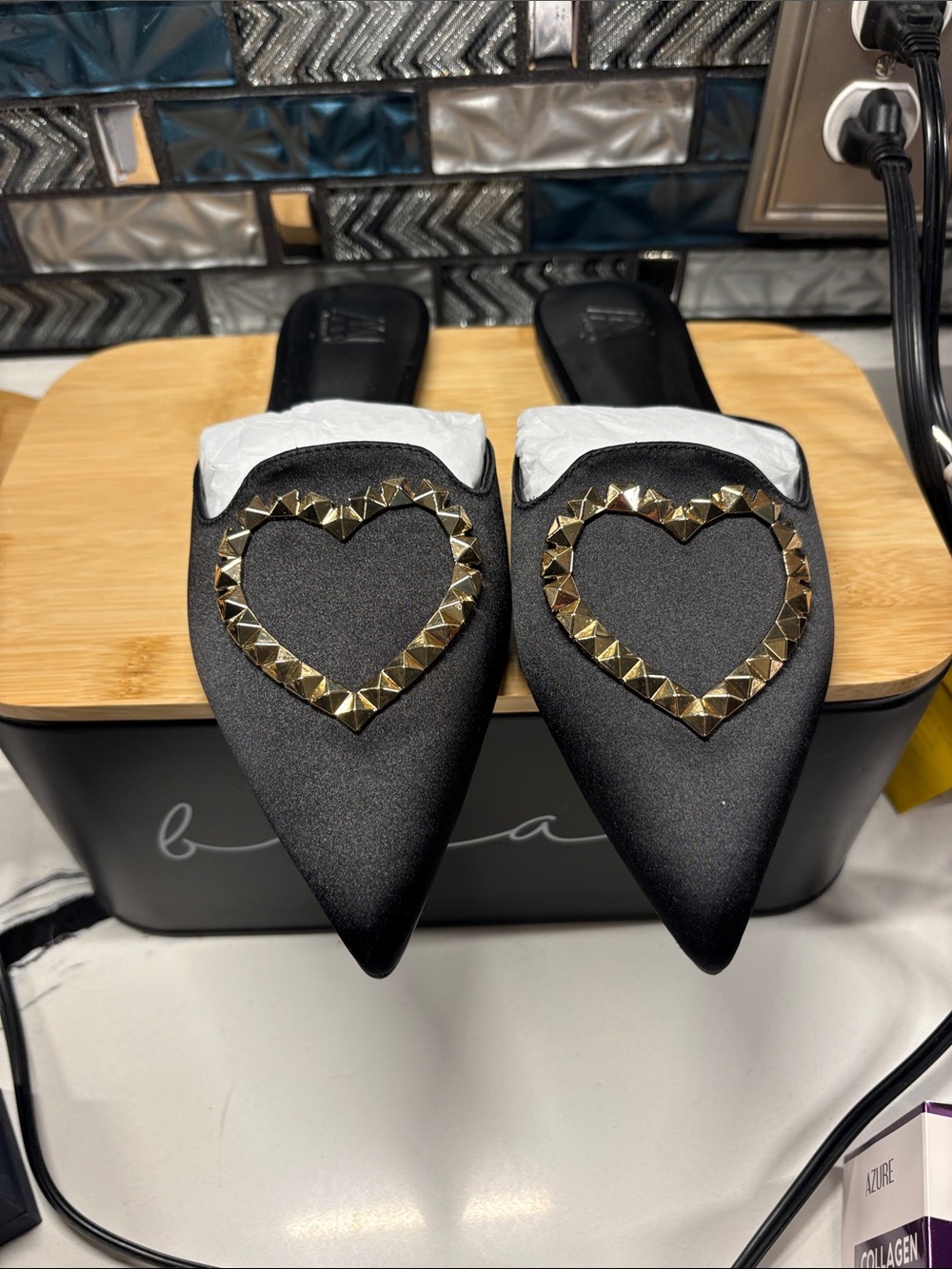 Stud-Trim Black Pointed Slip-On Mules with Heart Accent